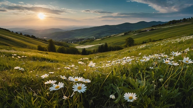 un campo de margaritas con el sol poniéndose detrás de ellos