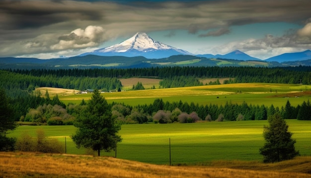 Un campo con una montaña al fondo.