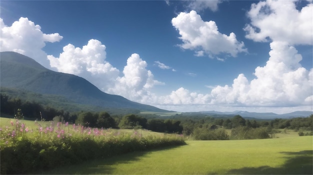 Un campo con montañas al fondo.