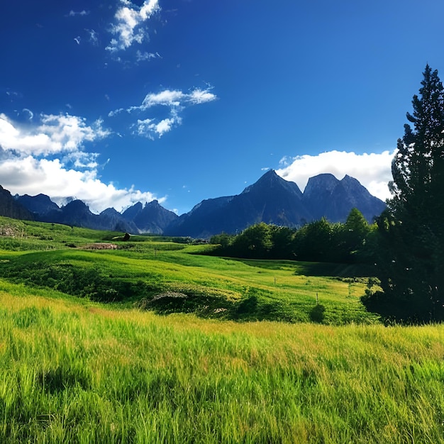 Un campo con montañas al fondo.