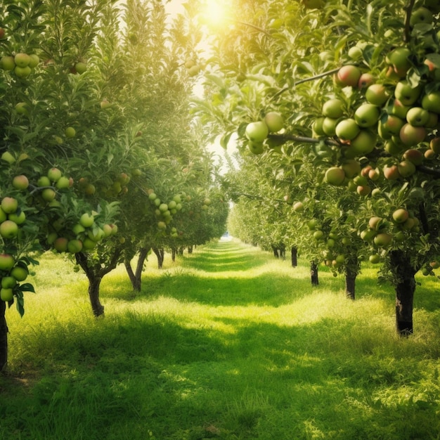 Un campo con muchas manzanas y el sol brilla sobre los árboles.