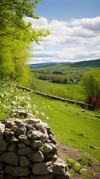 Un campo con un muro de piedra y un campo con árboles al fondo.