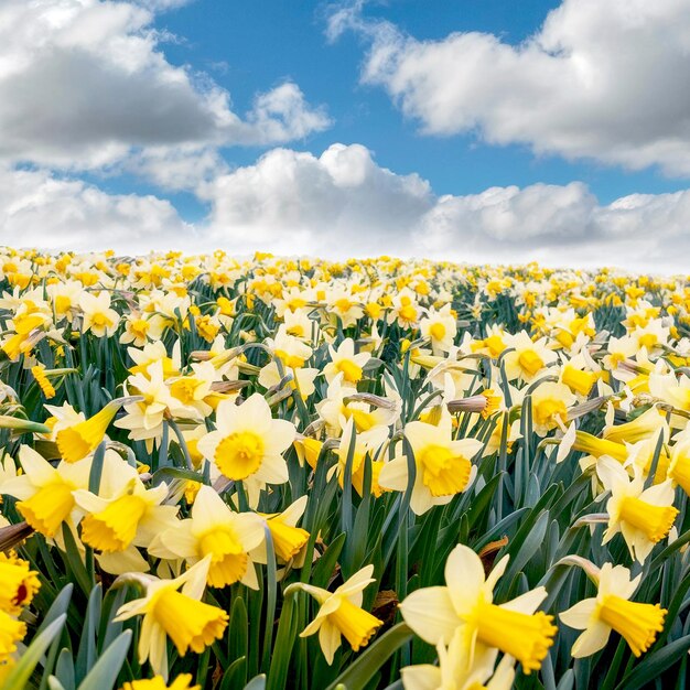 un campo de narcisos amarillos con un cielo azul en el fondo