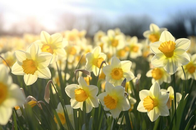 un campo de narcisos con el sol brillando a través de las hojas.