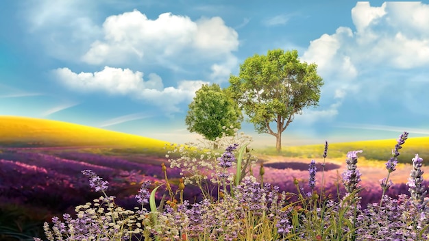 campo naturaleza paisaje Prado de árboles de trigo y flores de lavanda silvestre en el campo luz del sol