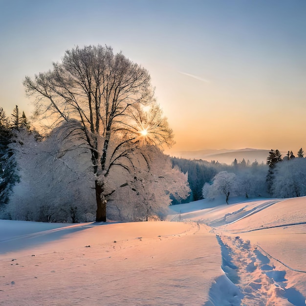 Un campo nevado con un árbol y una puesta de sol al fondo.