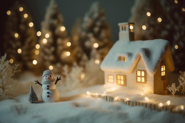 Campo nevado e casa de campo decorada com cadeia leve com boneco de neve na frente generativa ai