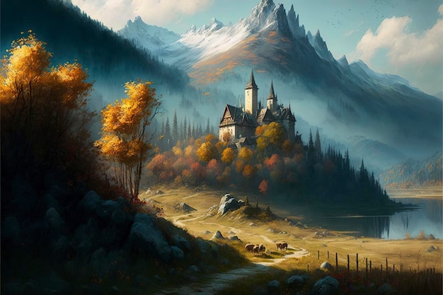 campo no outono, floresta e montanhas, pintura de paisagem, medieval