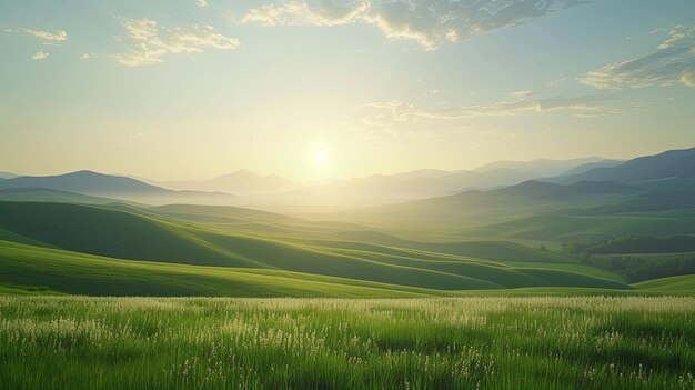 Campo nos raios do pôr-do-sol Natureza clare verde grama prado flores verão frescura pastagem piquenique feno trigo trevo gerado por IA