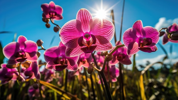 Un campo de orquídeas moradas con el sol brillando sobre ellas