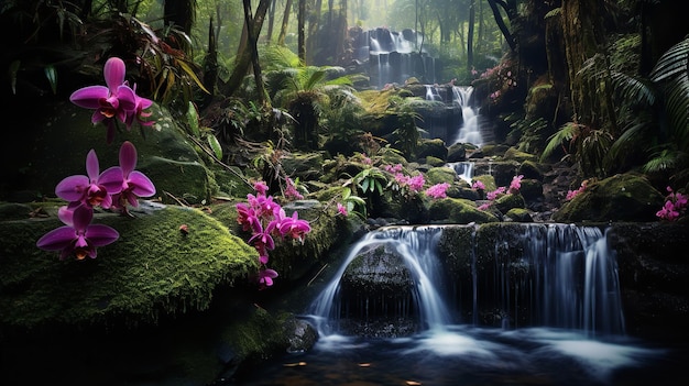 Campo de orquídeas tropicales y cascada AI generado