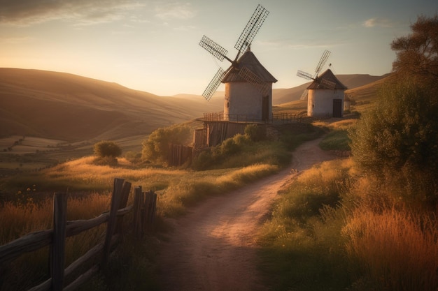 Foto campo de otoño molinos de viento puesta de sol escena viaje generar ai