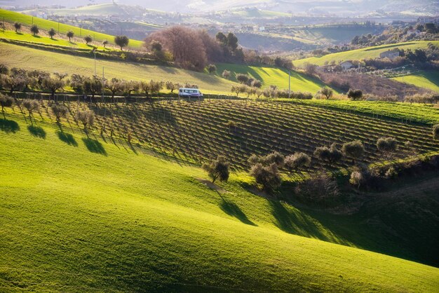 Campo paisaje verde campos agrícolas entre colinas