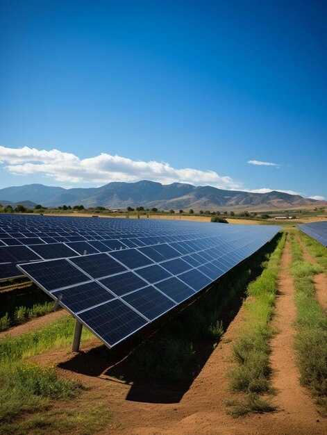 Foto un campo con un panel solar en él y un cielo azul en el fondo