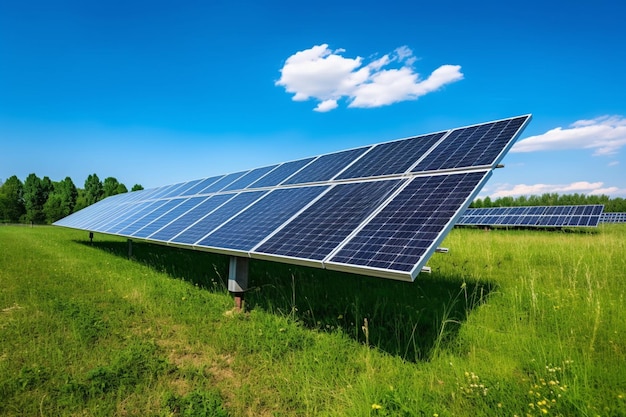 Un campo de paneles solares con un cielo azul de fondo.