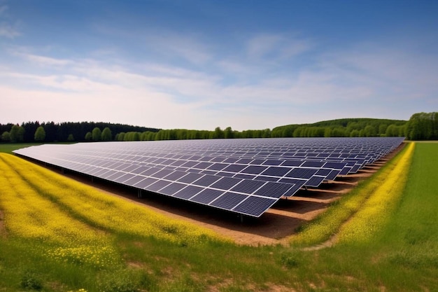 un campo de paneles solares en un día soleado