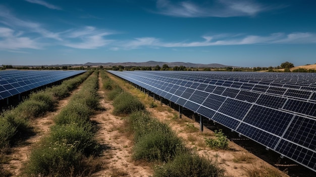 Un campo de paneles solares con montañas al fondo.