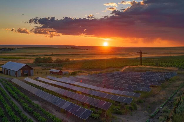 Un campo de paneles solares se muestra en la luz de la noche