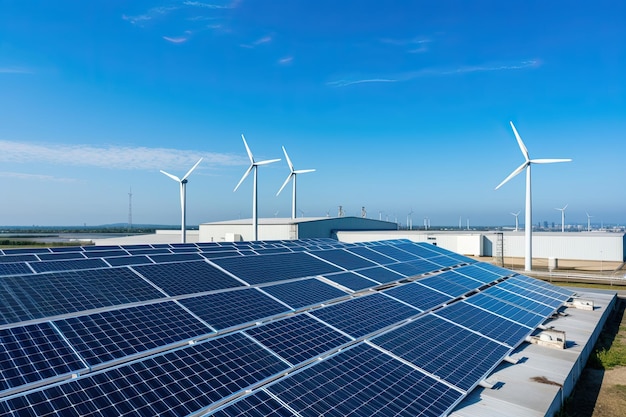 Campo con paneles solares y turbinas eólicas Cielo azul claro energía renovable y futuro verde