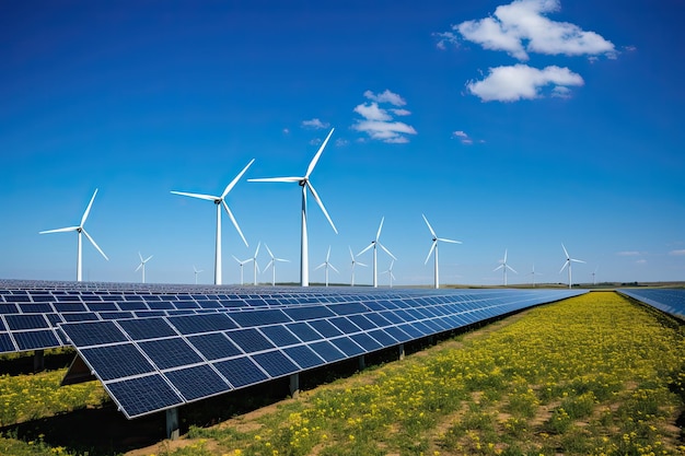 Campo con paneles solares y turbinas eólicas Cielo azul claro energía renovable y futuro verde
