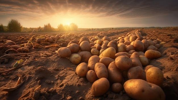 Foto un campo de papas con la puesta de sol detrás de ellos