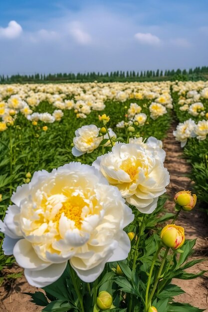 Campo de peonías en flor de cerca