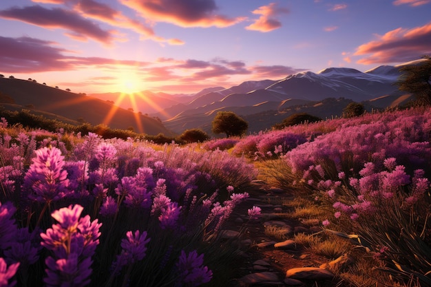 Campo perfumado de lavanda no meio de IA generativa em flor