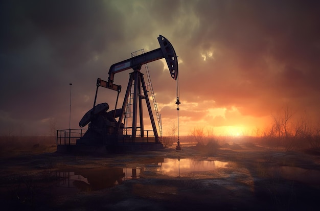 Campo petrolero al atardecer extracción de petróleo u otros recursos naturales del suelo ai generativo