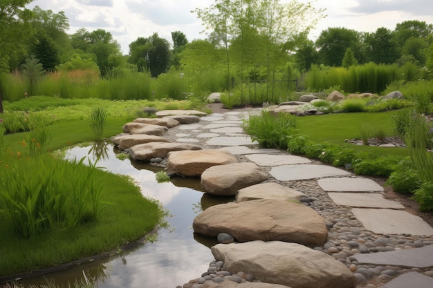 Campo de piedras y caminos que conducen al estanque sereno