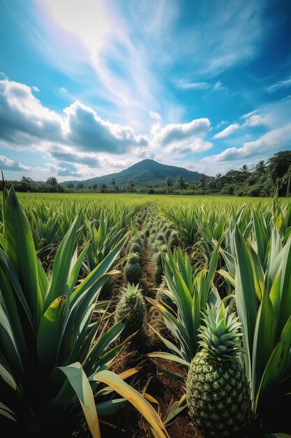 Un campo de piñas con una montaña al fondo.