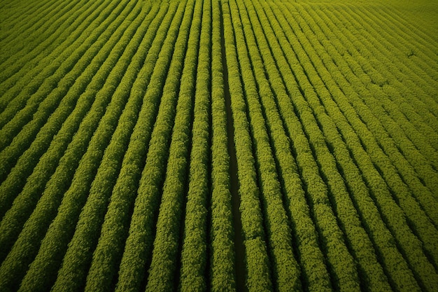 Un campo de plantas verdes con un cielo azul de fondo