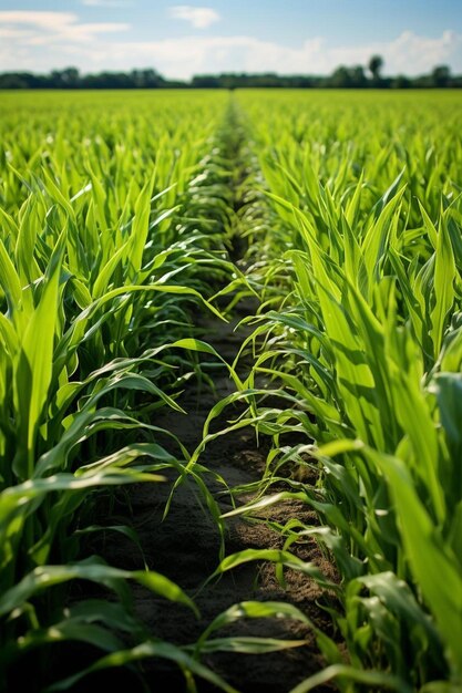 un campo de plantas verdes con un fondo de cielo