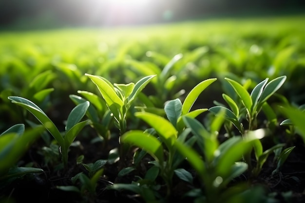 Un campo de plantas verdes con el sol brillando sobre ellas.