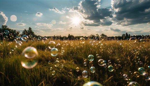 Un campo de pompas de jabón con el sol brillando a través de las nubes