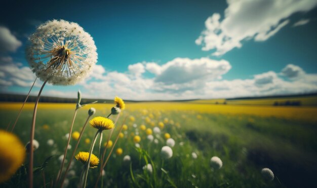 Un campo de primavera lleno de flores de diente de león en un día soleado