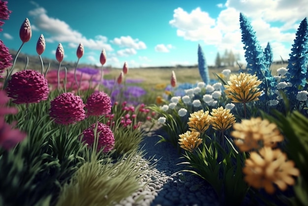 Campo de primavera lleno de hermosas flores en un día soleado con el cielo azul en el fondo