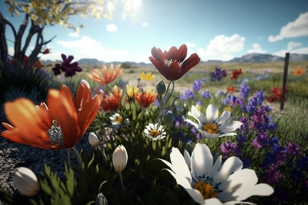 Un campo de primavera lleno de hermosas flores mientras que el día soleado con un hermoso cielo azul en el fondo