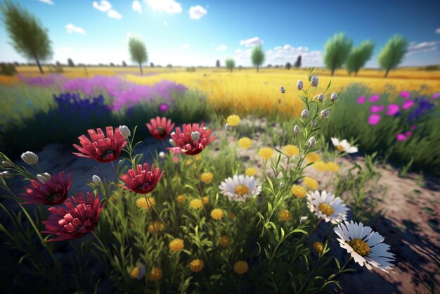 Campo de primavera lleno de hermosas flores mientras que el día soleado con un hermoso cielo azul en el fondo