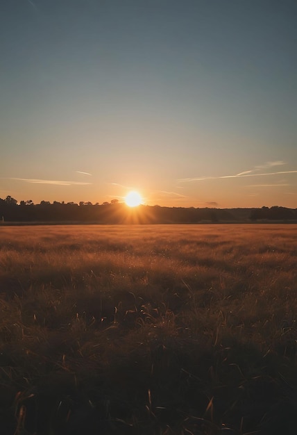 un campo con una puesta de sol en el fondo