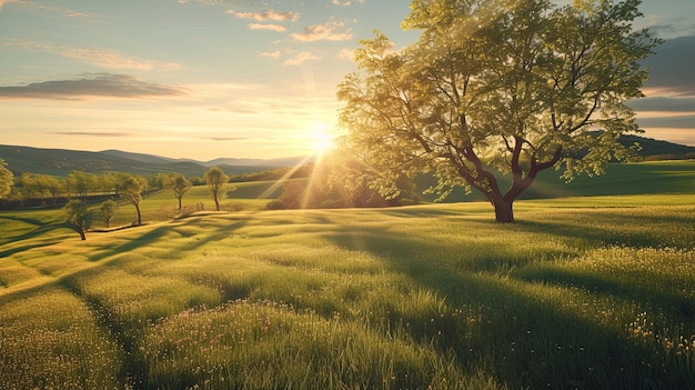 El campo en los rayos del amanecer la naturaleza los arbustos los árboles el bosque el aire la relajación el sol el tiempo el pueblo las vacaciones del fin de semana la terapia el romance temprano el sueño las colinas generadas por la IA