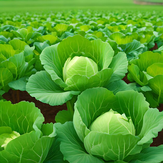 un campo de repollo con un campo de verde en el fondo