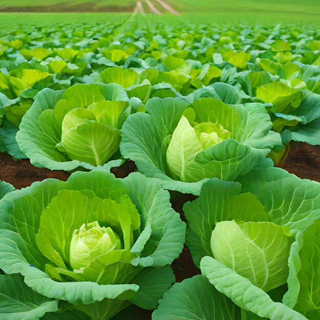 un campo de repollo verde con un campo de hierba en el fondo