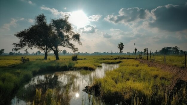 Un campo con un río y un cielo nublado.