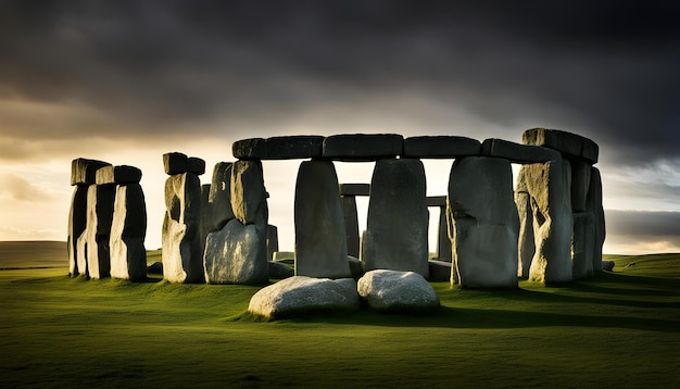 Foto un campo con rocas y estatuas que dicen la palabra en él