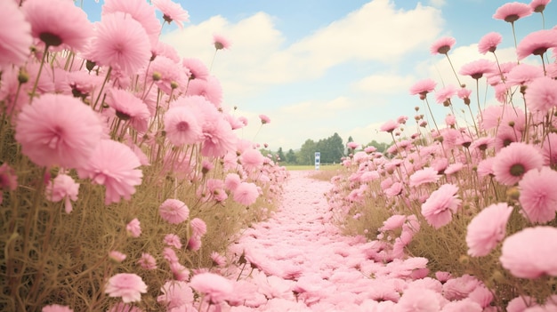 un campo rosa con una casa en el fondo