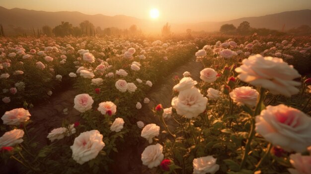 Campo rosa rosa na luz do pôr do sol no estilo dos raios solares brilhando sobre um campo de rosas Generative AI