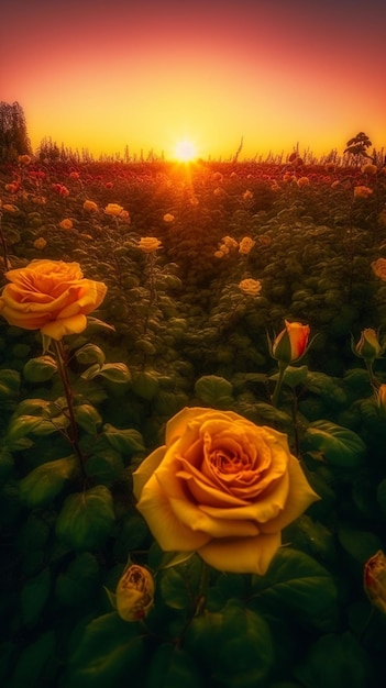 Un campo de rosas amarillas con la puesta de sol detrás de él