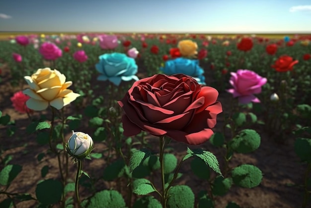 un campo de rosas de colores