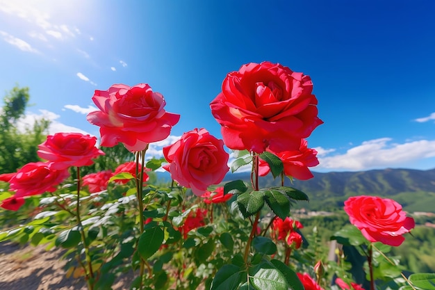 Campo de rosas rojas de cerca