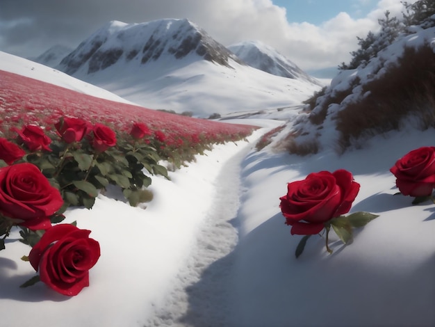 campo de rosas rojas cubiertas de nieve